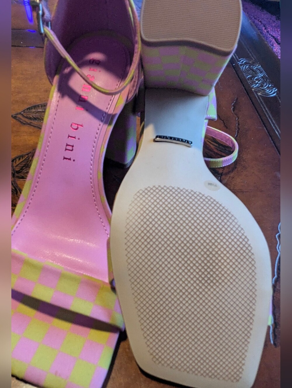 Gianni Bini Pink & Lime Check Block Heel Sandals - Picture 5 of 6